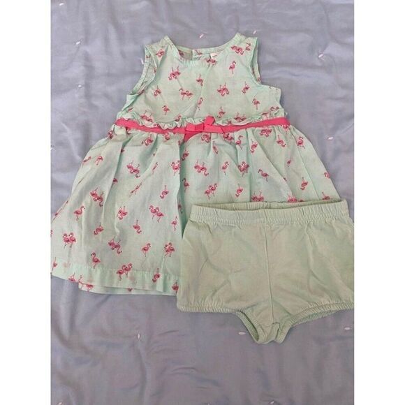 Carter's Other - carter's mint baby girls sundress 3M pink flamingos + diaper cover + hat; summer